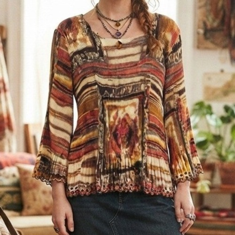 y2k Pleated Abstract Earthy Flare Top 3X forest fairycore boho whimsigoth 90s